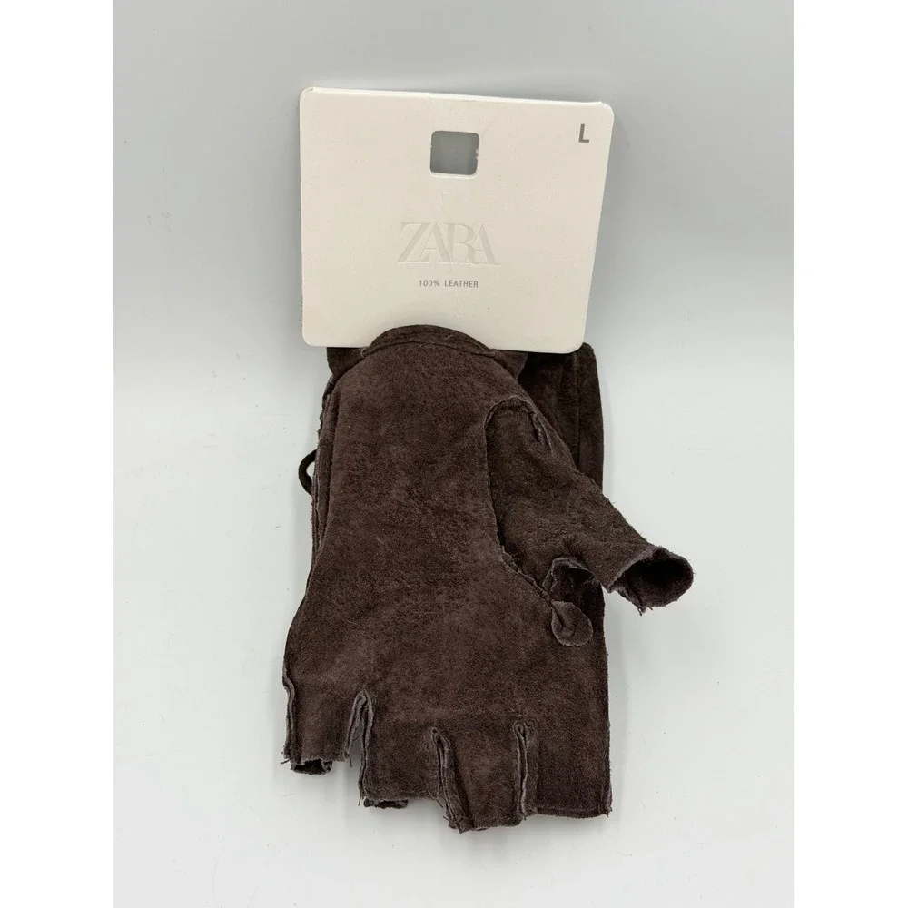 Zara Fingerless Gloves L Brown 100% Suede Leather Lace Up Cut Out NWT